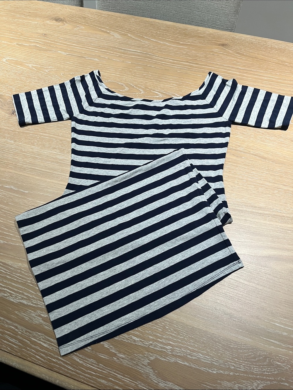 Navy and Gray Striped Off-Shoulder dress